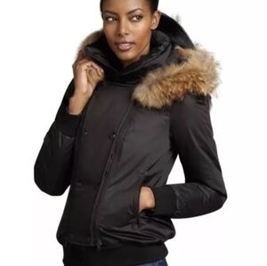 Soia & Kyo Maureen Down Fur Trim Black Bomber Jacket Coat Small